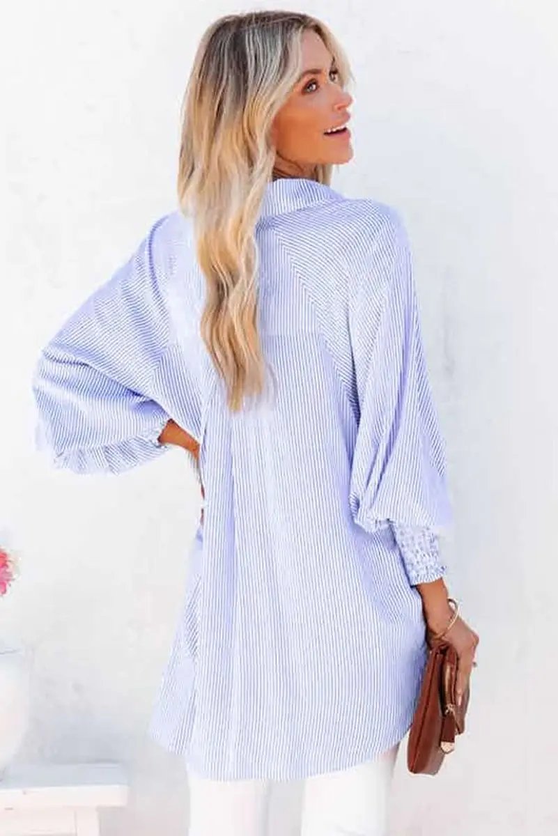 Pants Love Salve Sky Blue Striped Shirt Women's Casual Boyfriend Top Smocked Cuffs