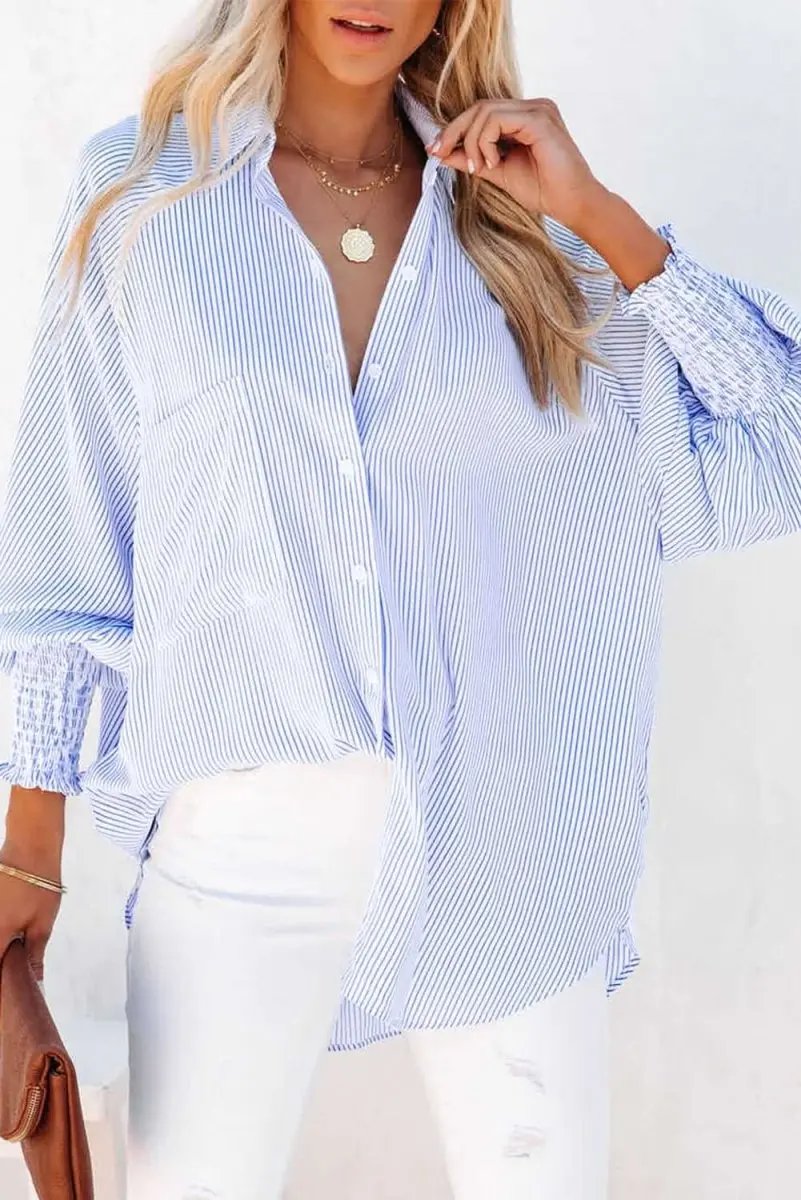 Pants Love Salve Sky Blue Striped Shirt Women's Casual Boyfriend Top Smocked Cuffs