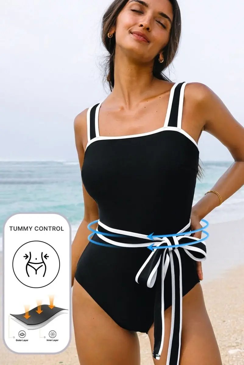 Accessories Love Salve Black Colorblock Swimsuit Women's Vacation One-Piece - Belted & Elegant