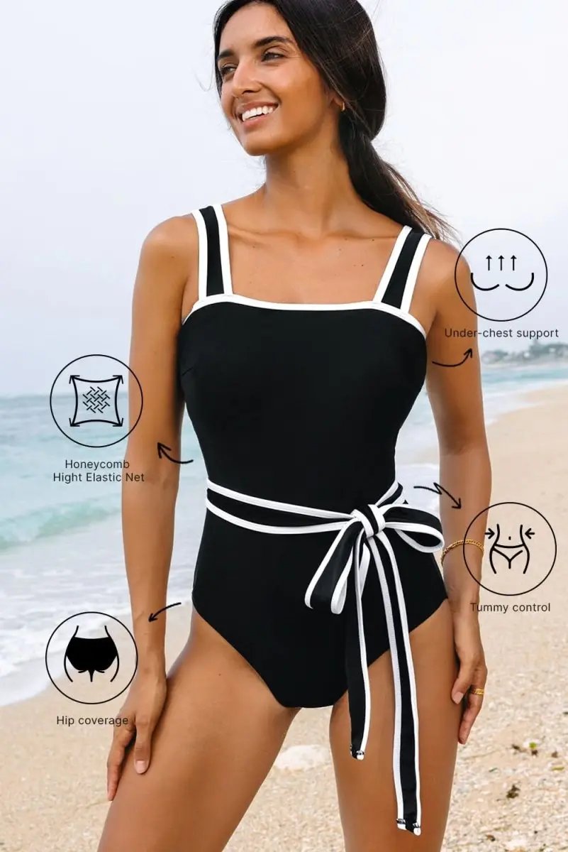 Accessories Love Salve Black Colorblock Swimsuit Women's Vacation One-Piece - Belted & Elegant