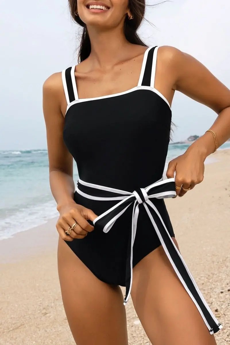Accessories Love Salve Black Colorblock Swimsuit Women's Vacation One-Piece - Belted & Elegant