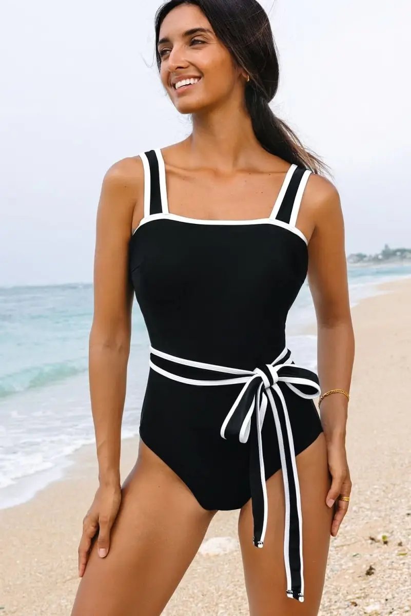 Accessories Love Salve Black Colorblock Swimsuit Women's Vacation One-Piece - Belted & Elegant