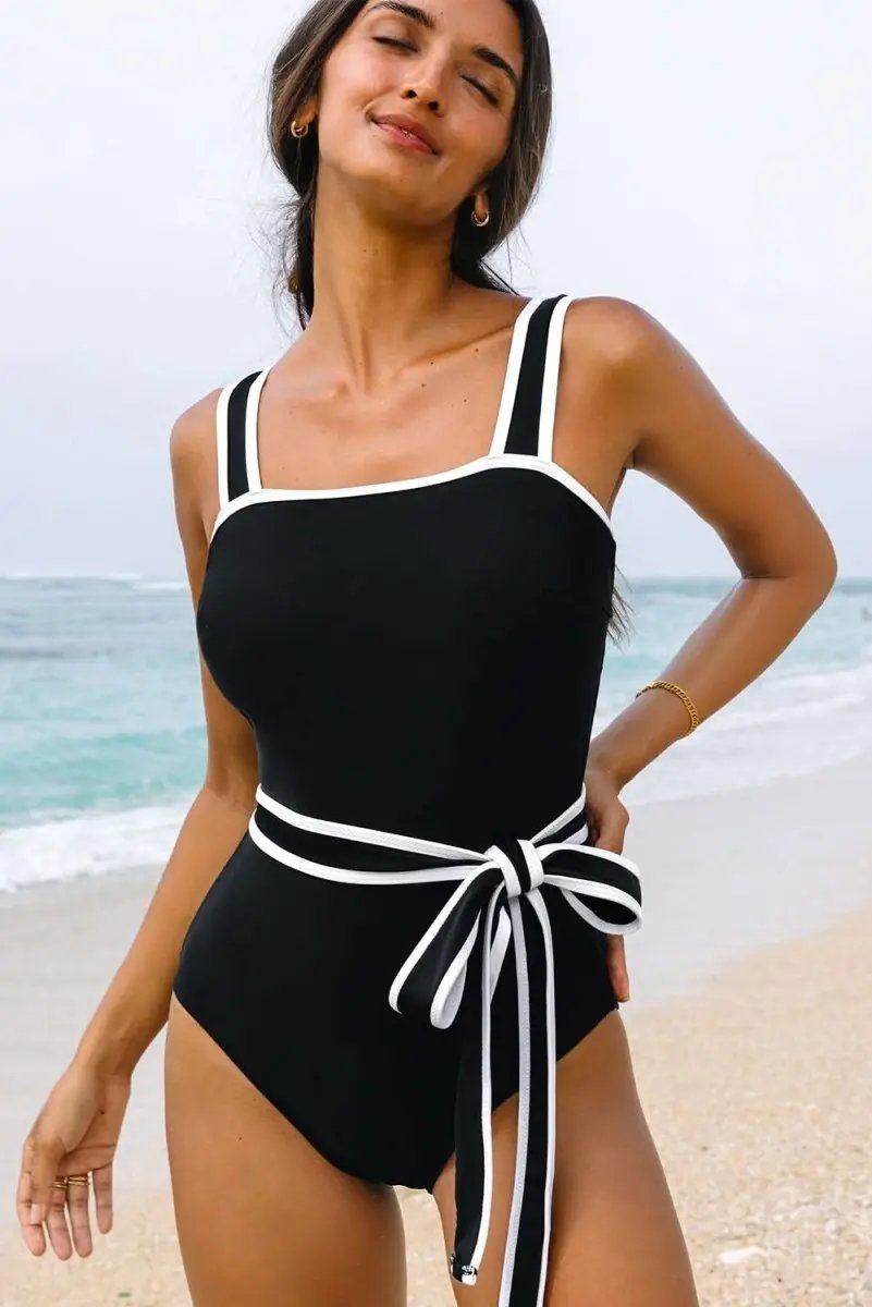 Accessories Love Salve Black Colorblock Swimsuit Women's Vacation One-Piece - Belted & Elegant