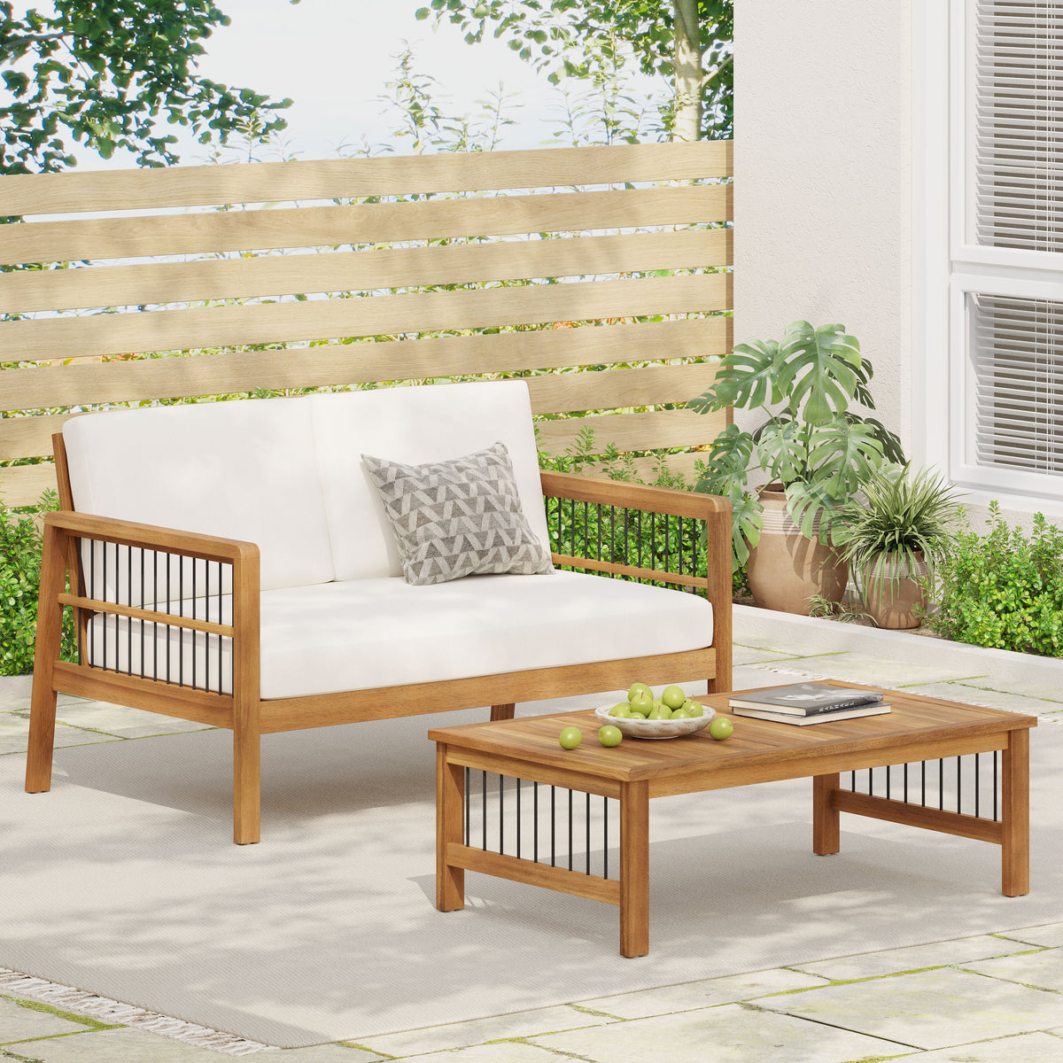 Outdoor Acacia Wood and Iron Loveseat and Coffee Table Set with Cushions, Teak