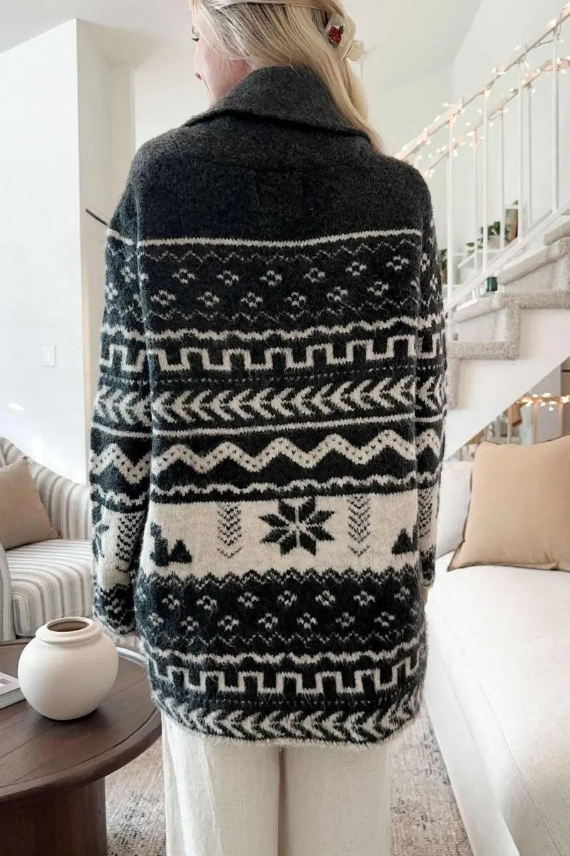 Women's Cardigan Cardigan - Snowflakes & Collared Neck - Soft Winter Knit