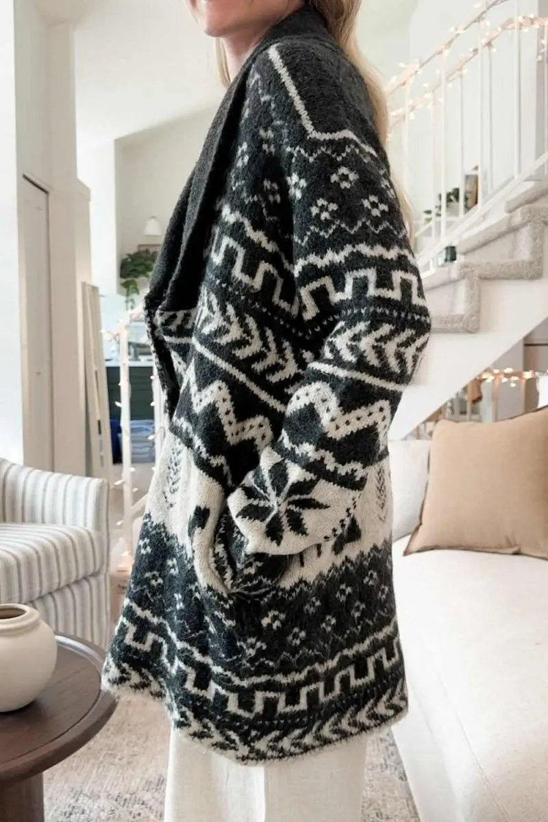 Women's Cardigan Cardigan - Snowflakes & Collared Neck - Soft Winter Knit