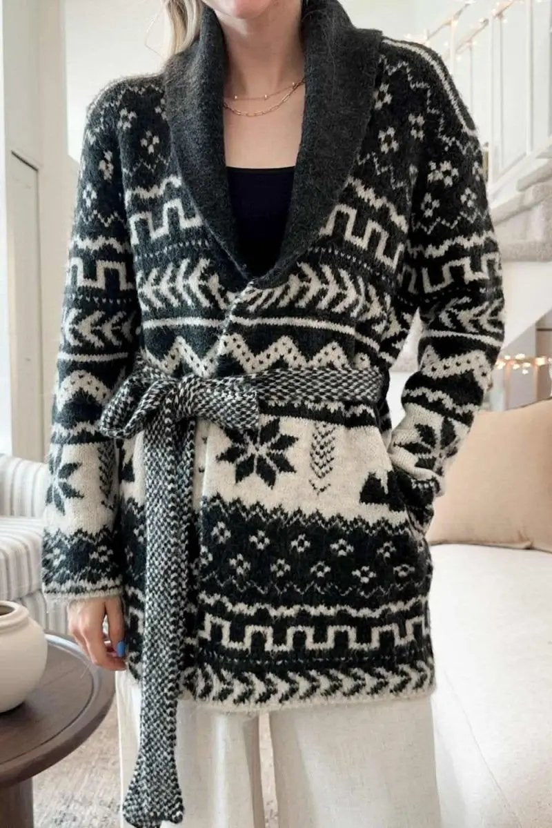 Women's Cardigan Cardigan - Snowflakes & Collared Neck - Soft Winter Knit