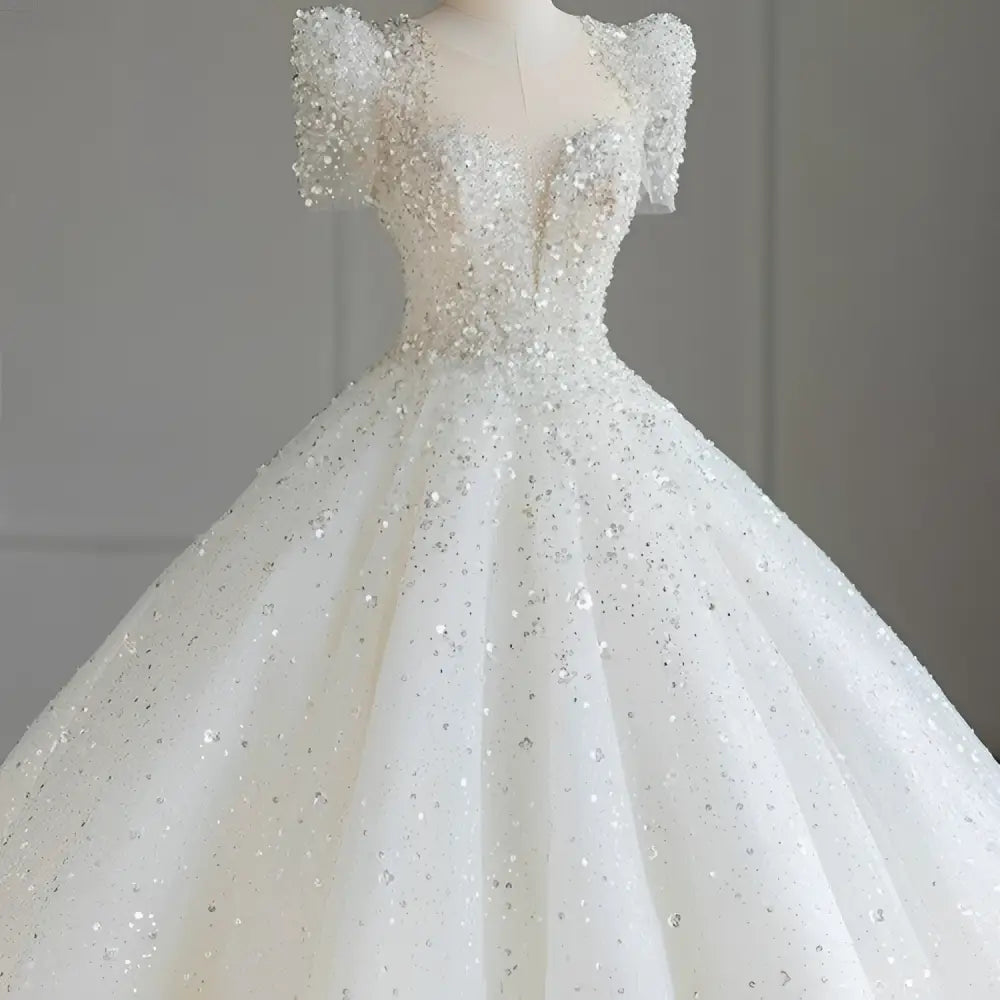 Sparkling Beaded White Wedding Dress with Voluminous Tail
