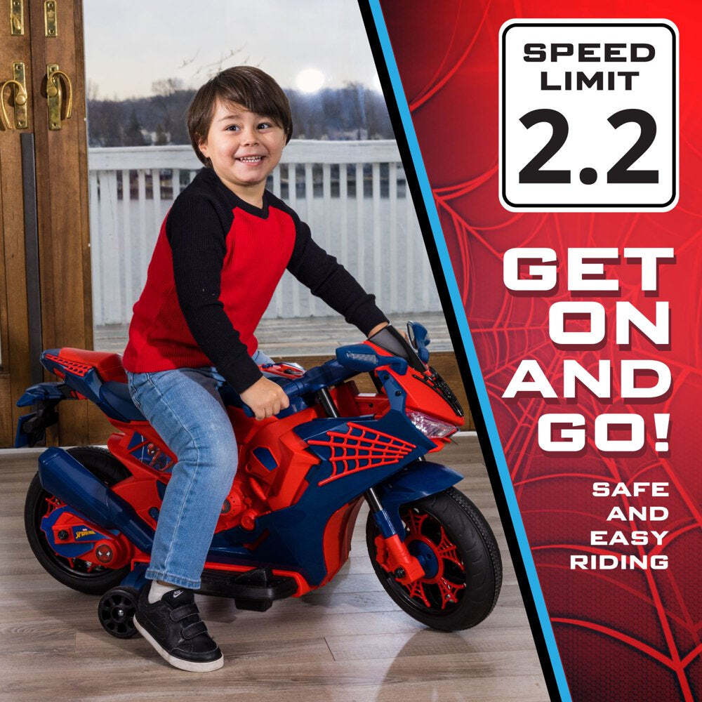 6V Spiderman Ride-On Motorcycle for Kids Ages 3+ with Rechargeable Battery