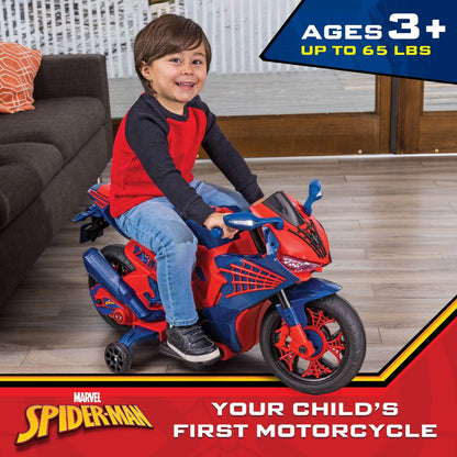 6V Spiderman Ride-On Motorcycle Toy for Kids Ages 3+ with Rechargeable Battery, Supports Up to 65 lbs