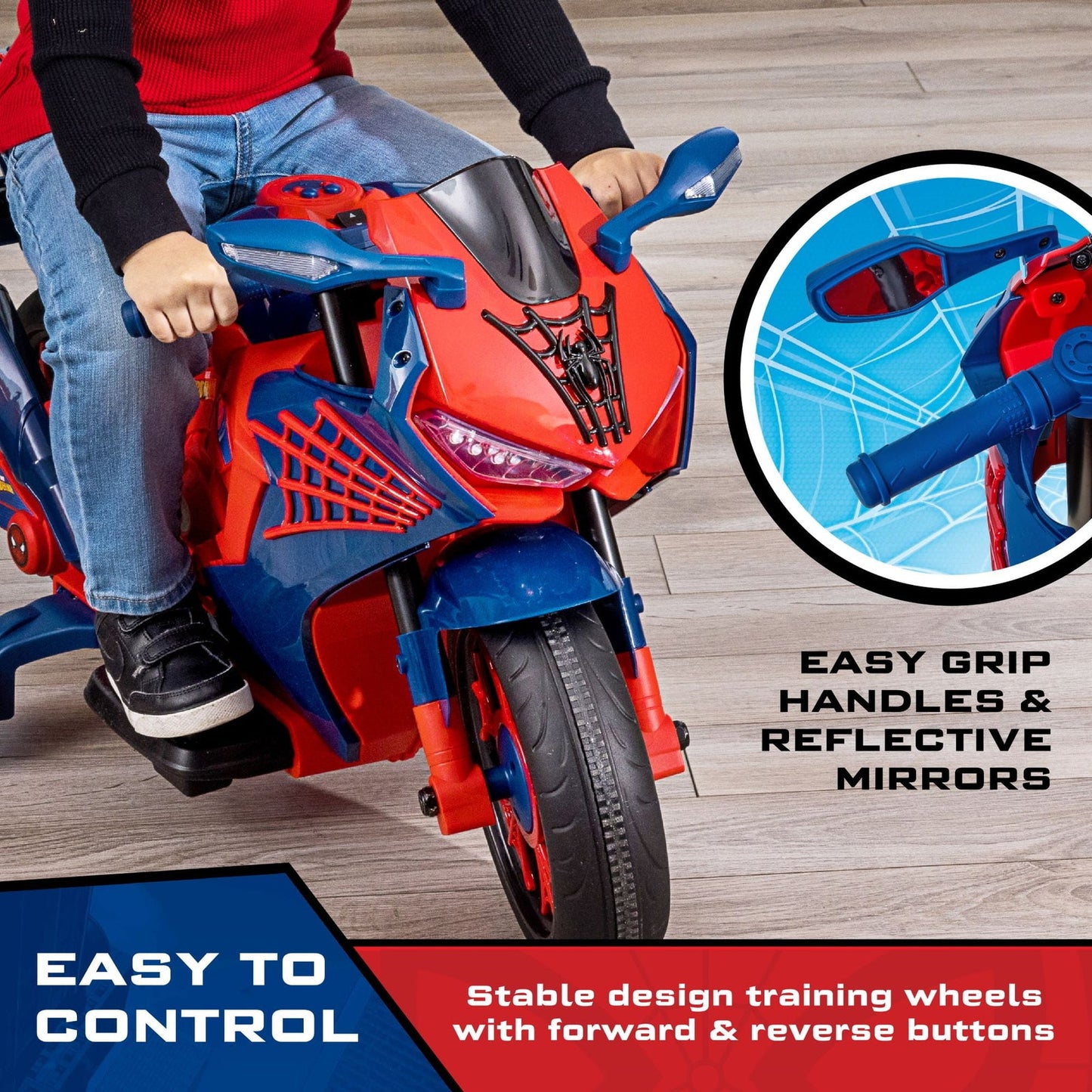 6V Rechargeable Spiderman Ride-On Motorcycle for Kids Ages 3+ Up to 65 lbs