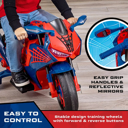 Spider-Man 6V Kids Ride-On Motorcycle with Lights, Sounds, and Training Wheels