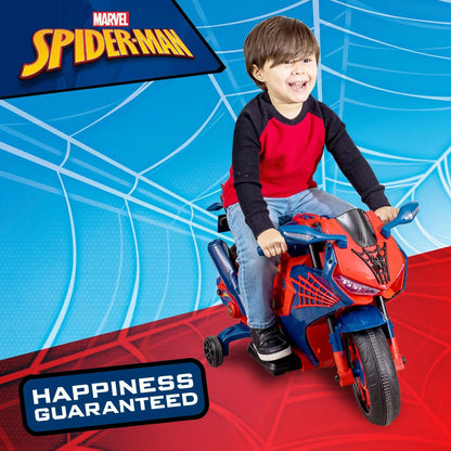 Spider-Man 6V Kids Ride-On Motorcycle with Lights, Sounds, and Training Wheels