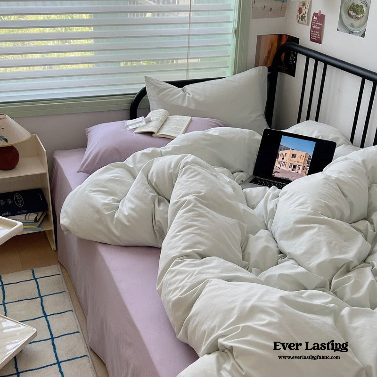 Spring Mixed Washed Cotton Bedding Set / White + Purple