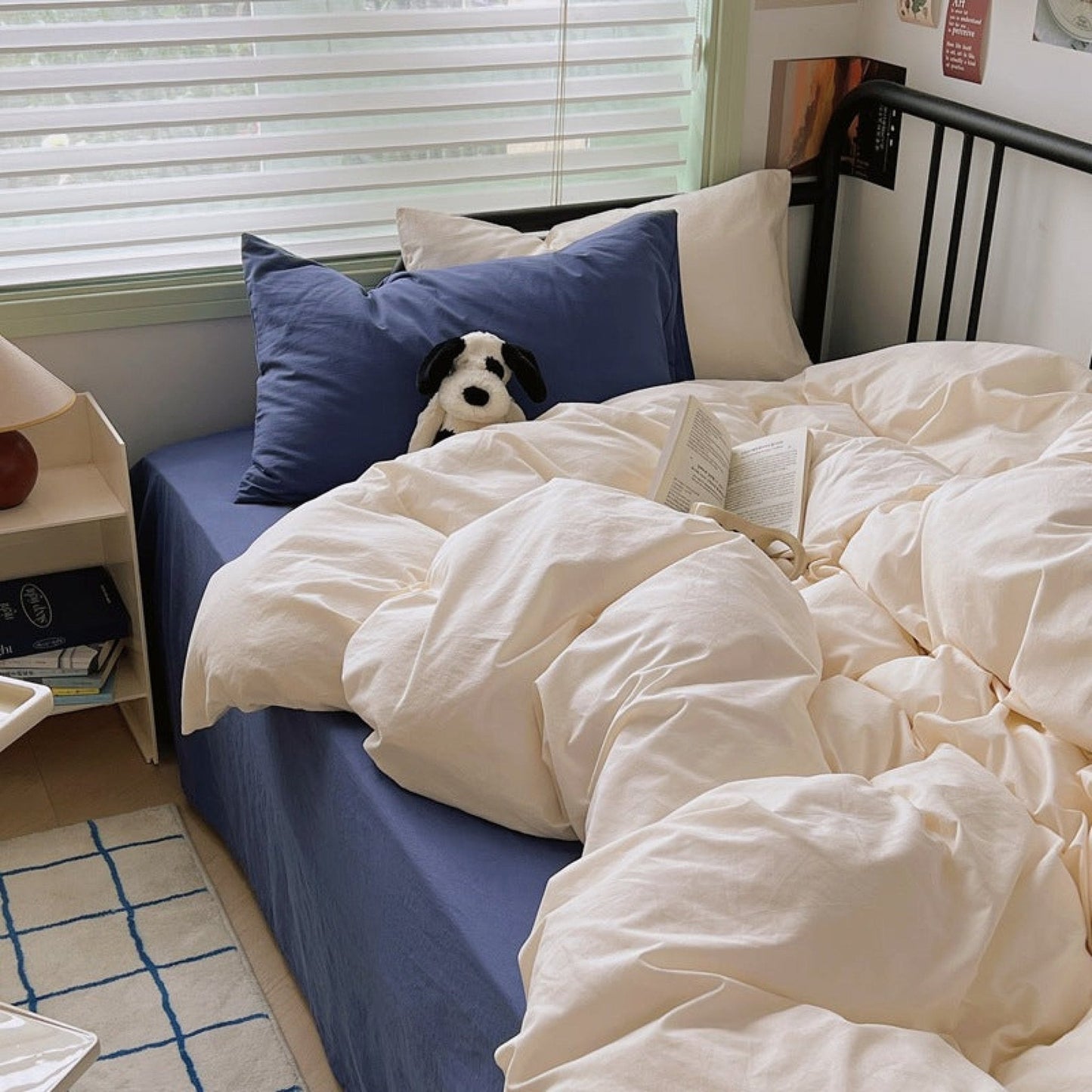 Spring Mixed Washed Cotton Bedding Set / White + Purple
