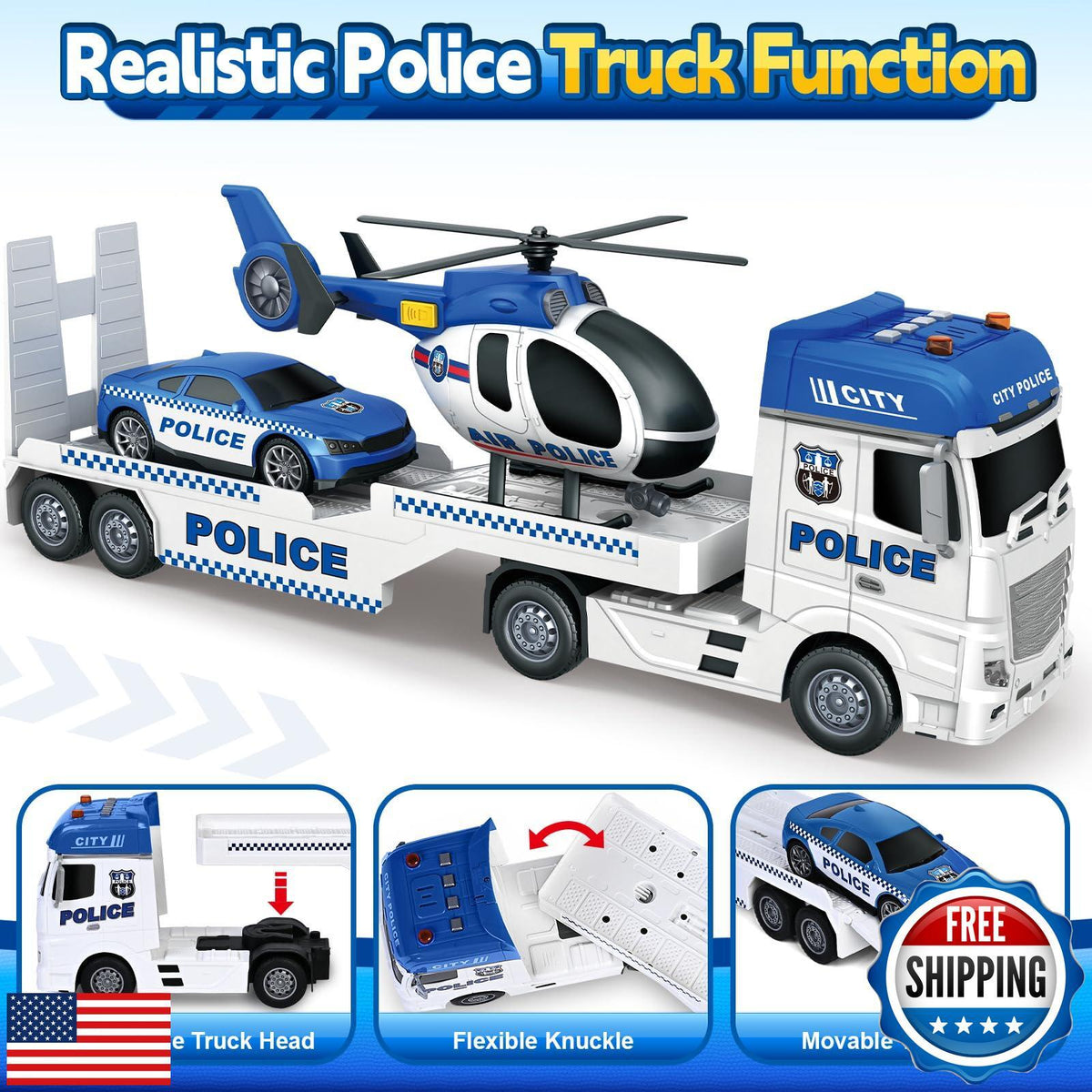 25-Inch Large Police Truck Toy with Racing Car for Toddler Boys