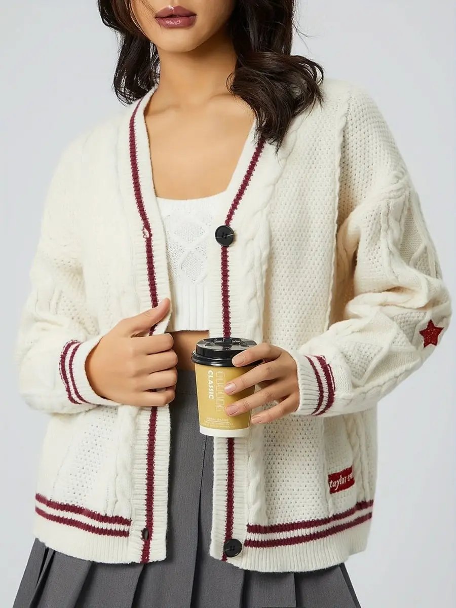 Sweaters Trendsi Star Embroidered Women's V-Neck Cardigan Long Sleeve Stylish Wear