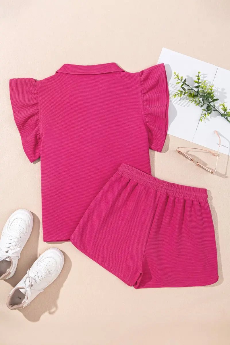Accessories Love Salve Pink Striped Set Women's Casual Summer Outfit Set - Flutter Sleeves, Zipped Collar