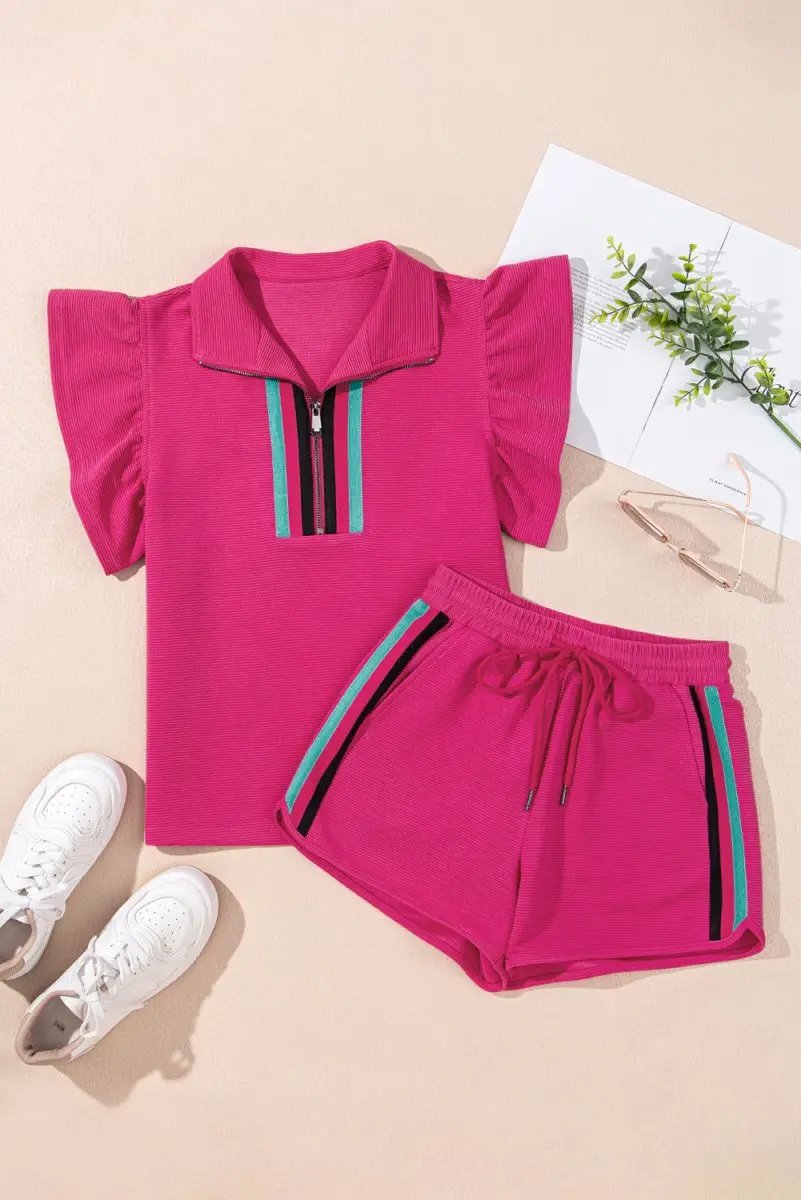 Accessories Love Salve Pink Striped Set Women's Casual Summer Outfit Set - Flutter Sleeves, Zipped Collar
