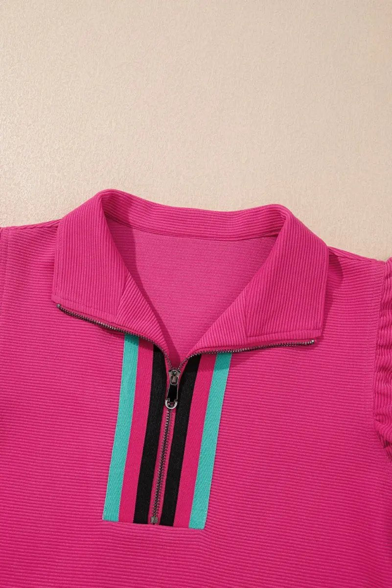 Accessories Love Salve Pink Striped Set Women's Casual Summer Outfit Set - Flutter Sleeves, Zipped Collar