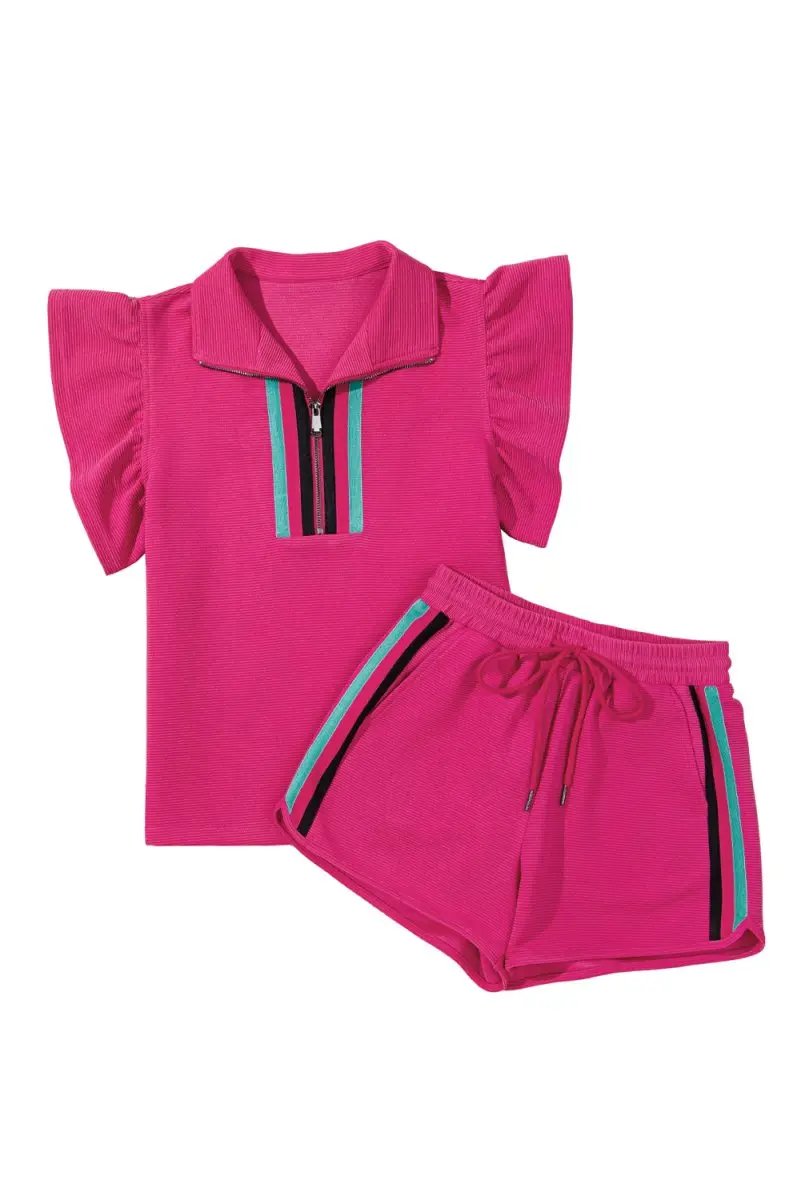 Accessories Love Salve Pink Striped Set Women's Casual Summer Outfit Set - Flutter Sleeves, Zipped Collar