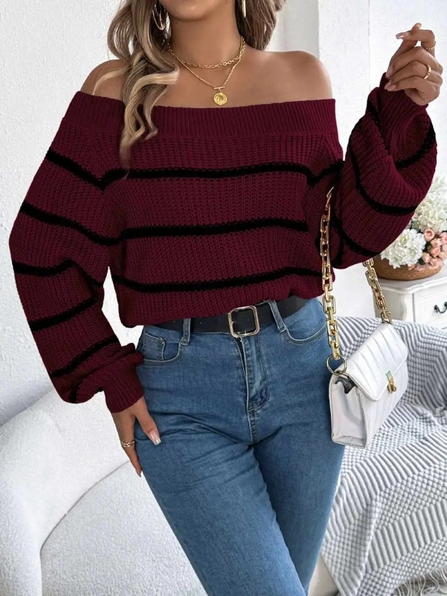 Sweaters Trendsi Striped Off-Shoulder Women's Sweater: Chic Long Sleeve Top