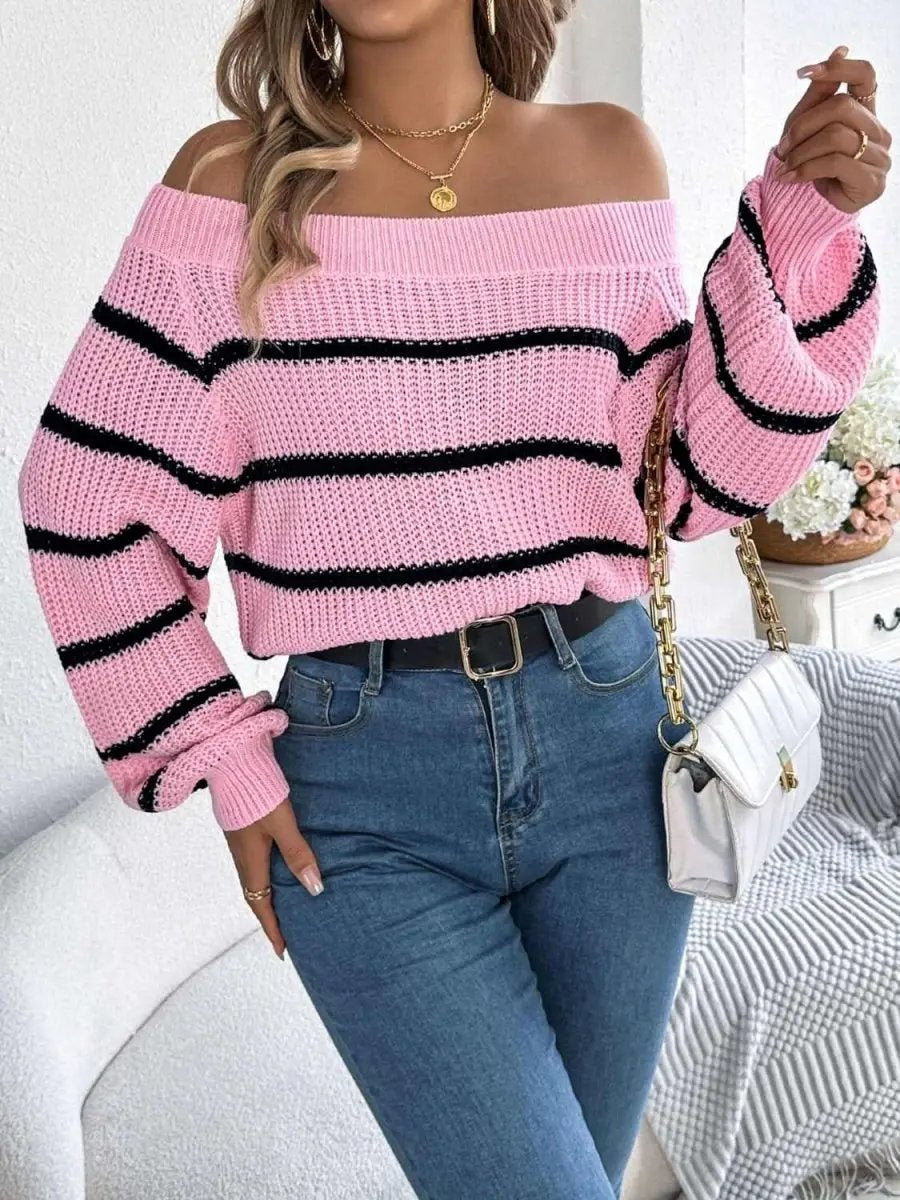 Sweaters Trendsi Striped Off-Shoulder Women's Sweater: Chic Long Sleeve Top