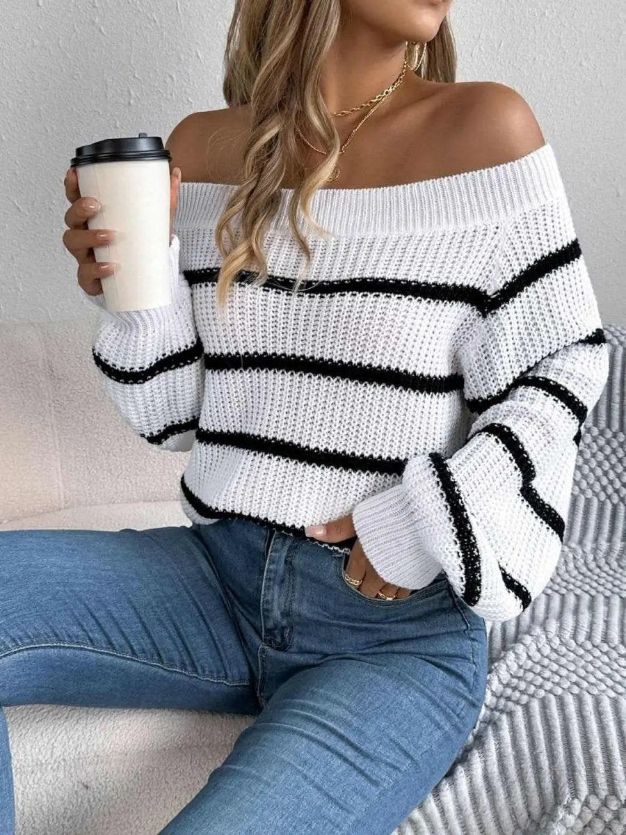 Sweaters Trendsi Striped Off-Shoulder Women's Sweater: Chic Long Sleeve Top