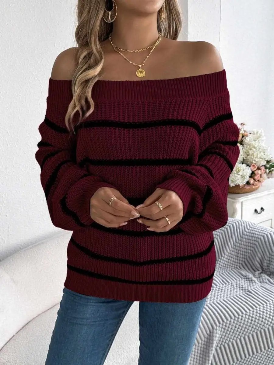 Sweaters Trendsi Striped Off-Shoulder Women's Sweater: Chic Long Sleeve Top