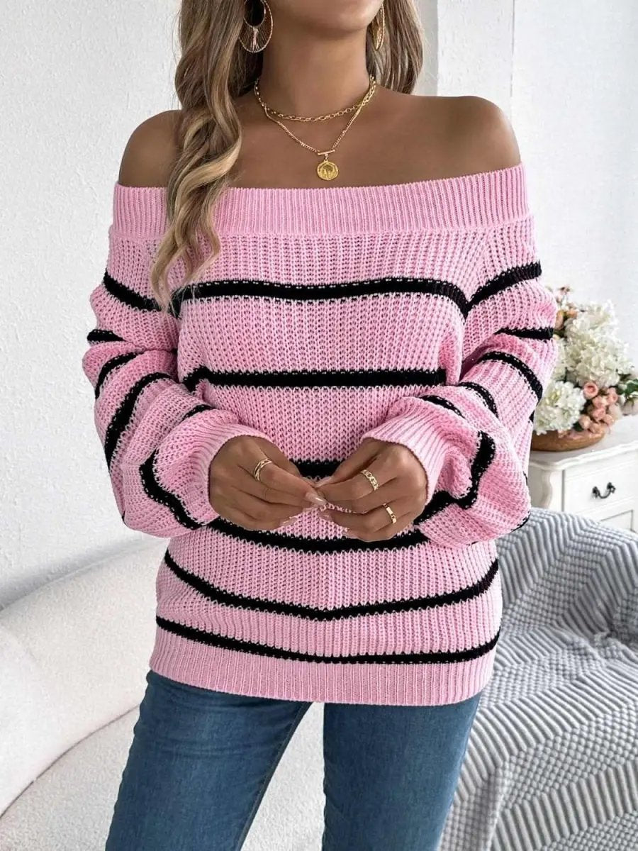 Sweaters Trendsi Striped Off-Shoulder Women's Sweater: Chic Long Sleeve Top