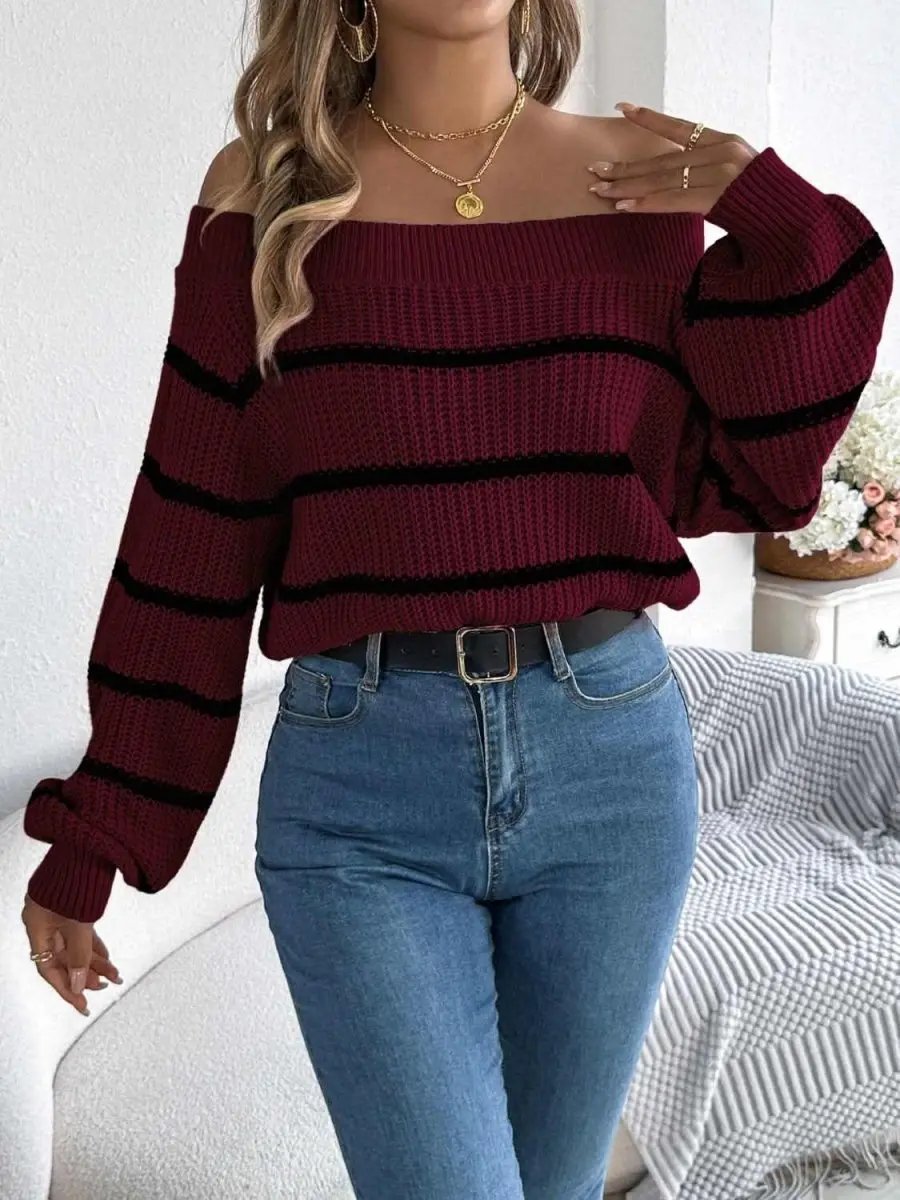 Sweaters Trendsi Striped Off-Shoulder Women's Sweater: Chic Long Sleeve Top