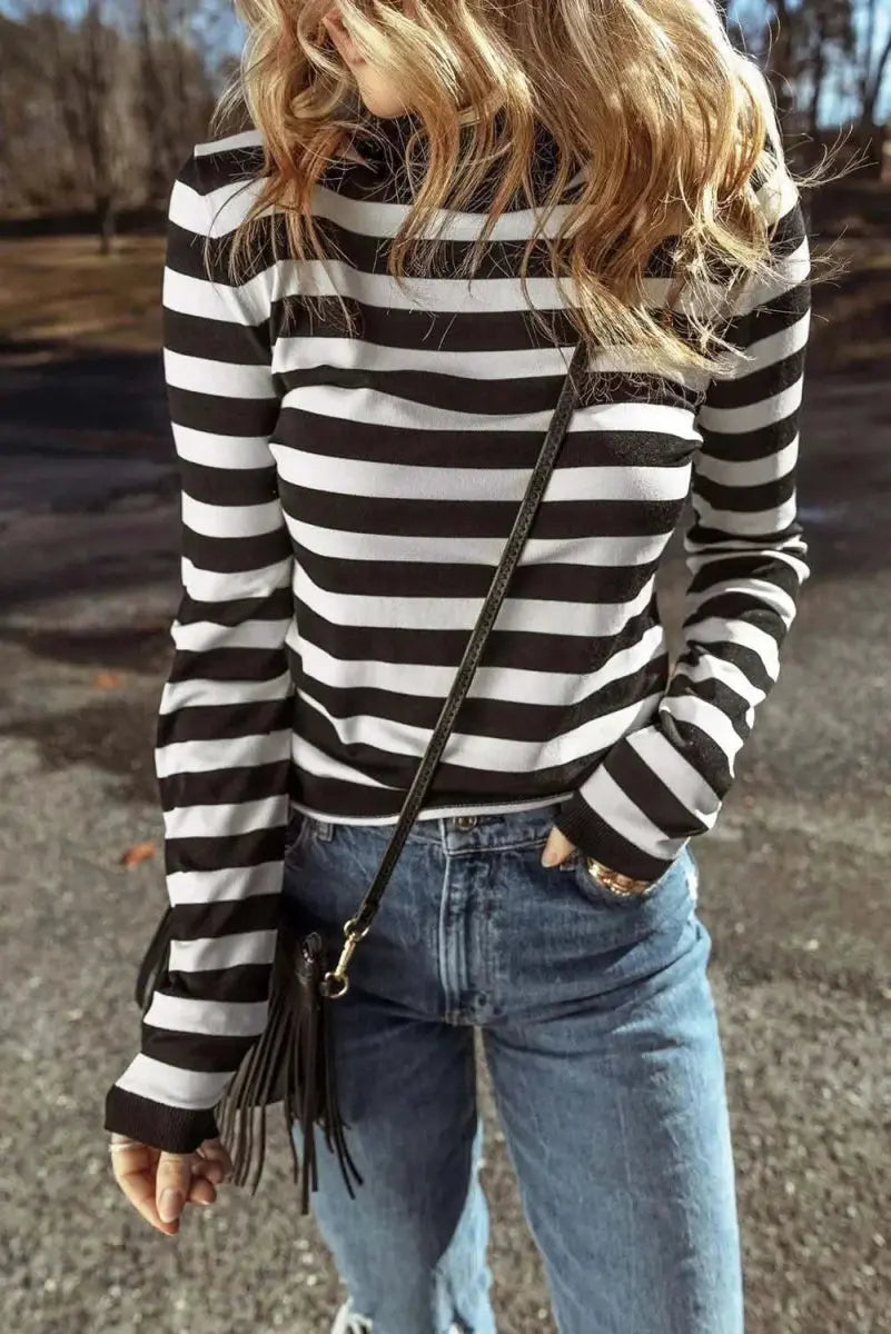 Sweaters Trendsi Striped Turtleneck Women's Long Sleeve Knit Top - Comfortable Wear