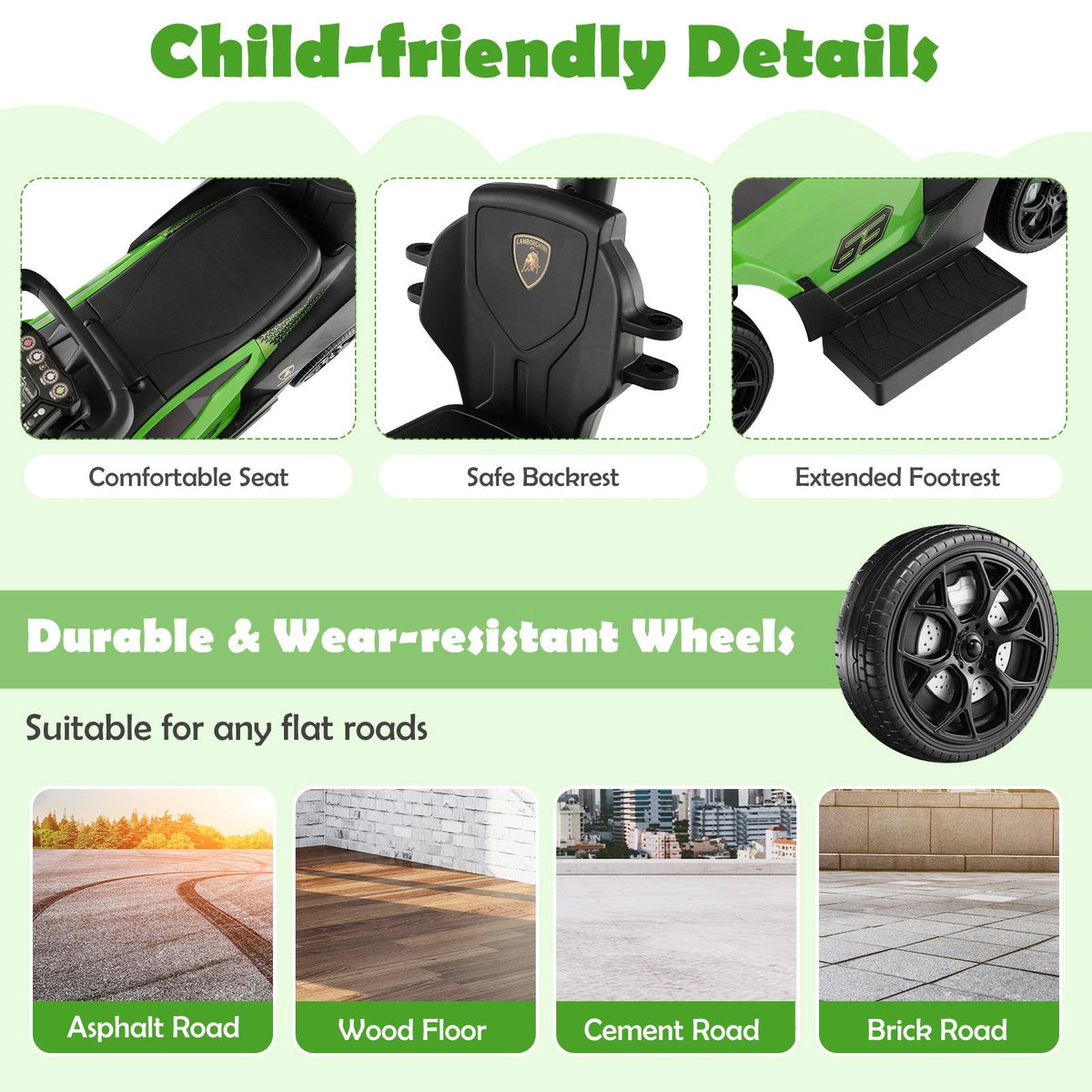 3-in-1 Licensed Lamborghini Ride-On Push Stroller Car with Sound Green