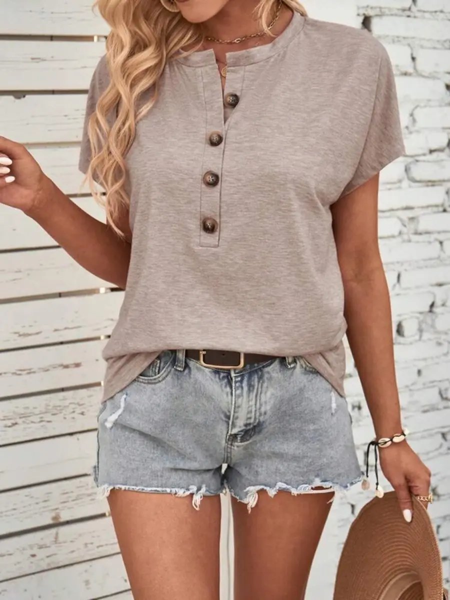 Half Button Top Women's Stylish Short Sleeve Casual Blouse Comfortable Wear