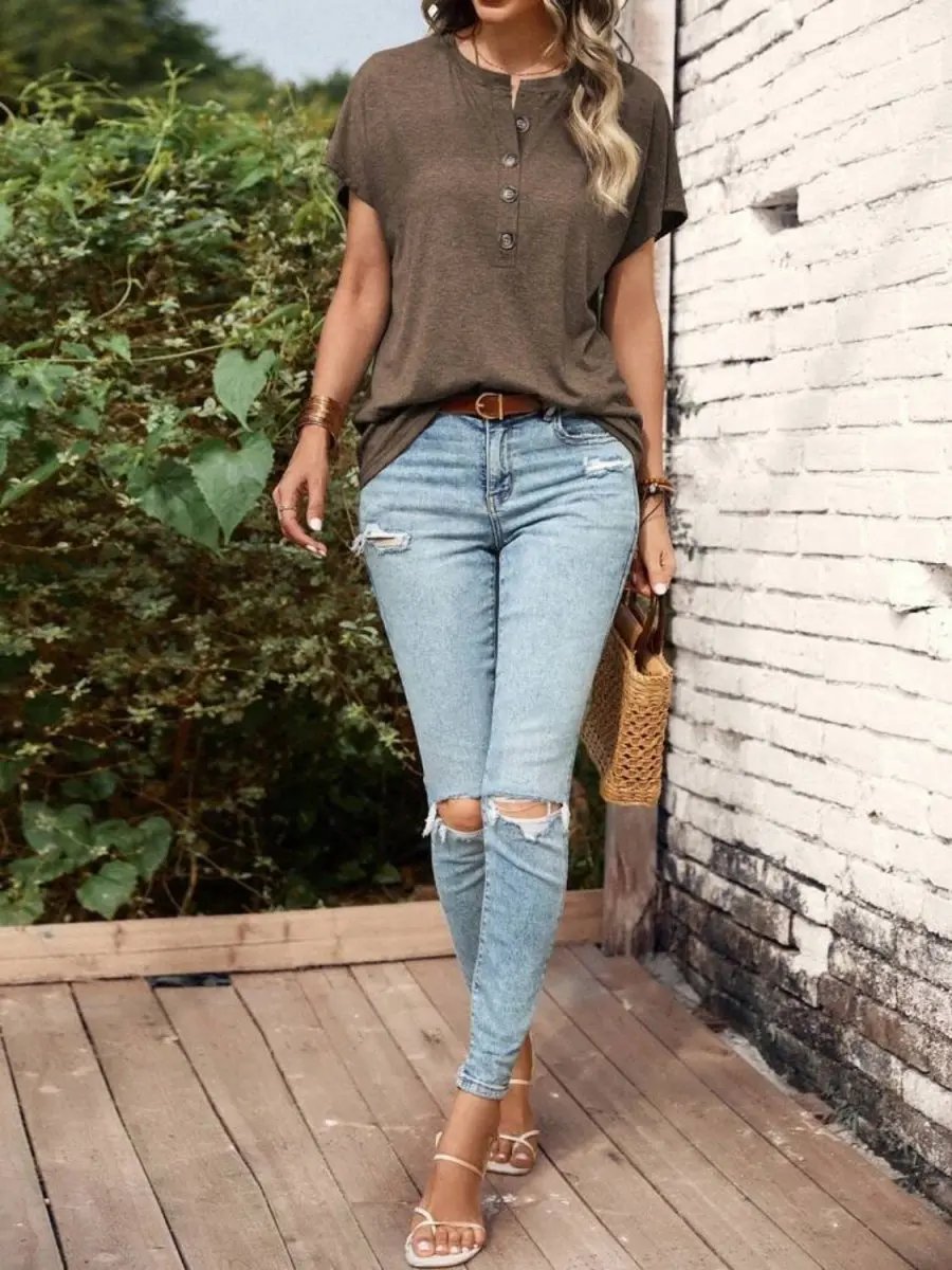 Half Button Top Women's Stylish Short Sleeve Casual Blouse Comfortable Wear