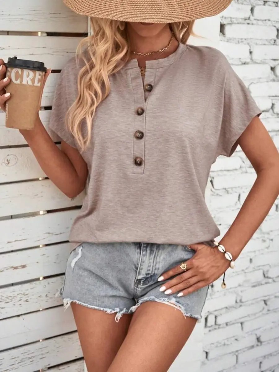 Half Button Top Women's Stylish Short Sleeve Casual Blouse Comfortable Wear