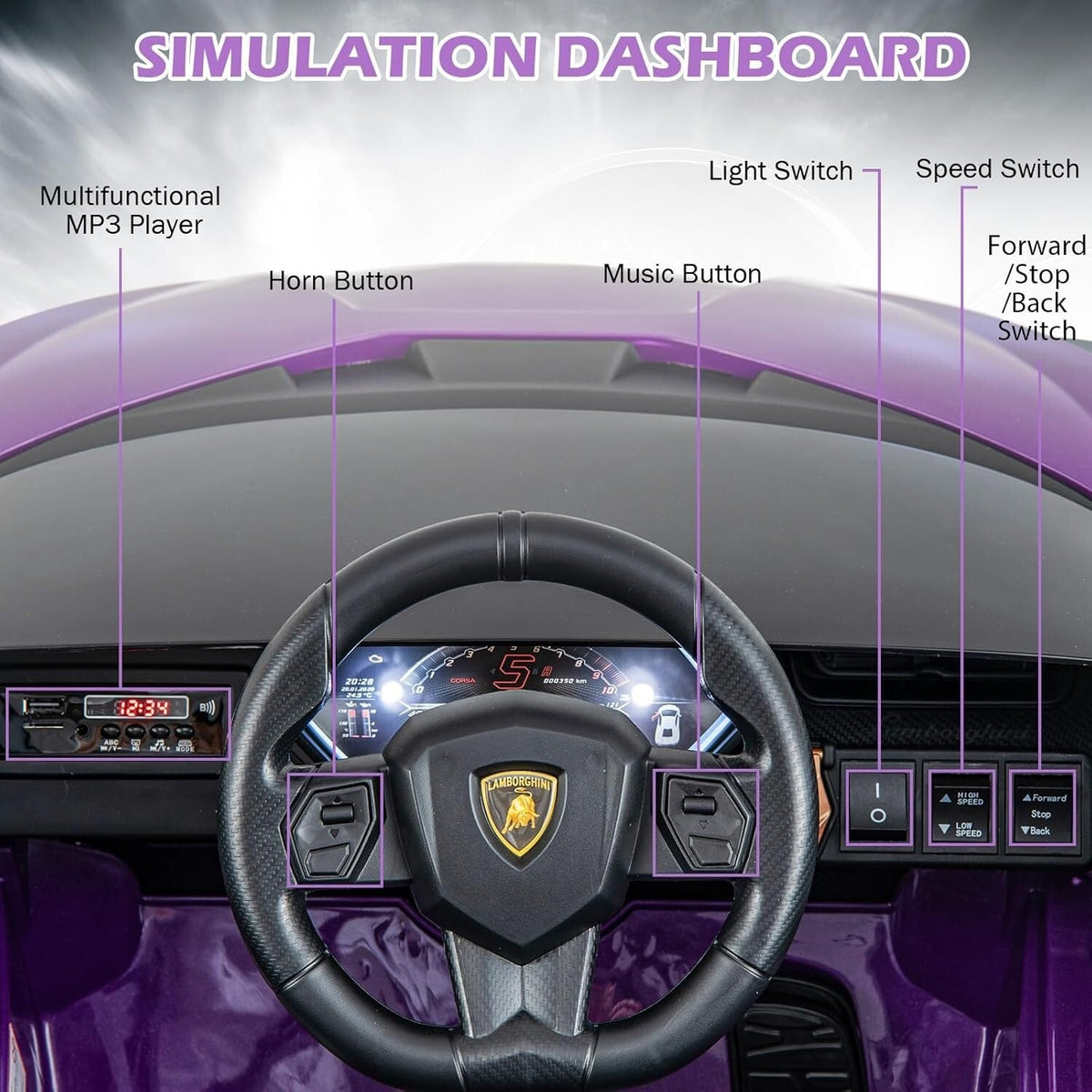 Purple Kids Remote Control Sports Car with Suspension and Sound Effects