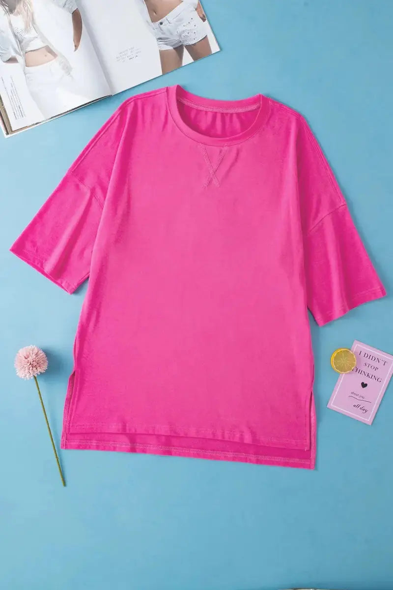 T-Shirts Trendsi Slit Round Neck Tee Women's Casual Top Half Sleeve Soft Fabric