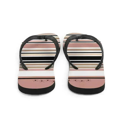 Striped Beige Black & Cream Flower Detail Flip Flops. Beach Shoes