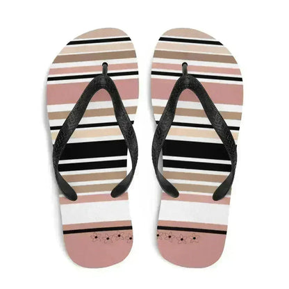 Striped Beige Black & Cream Flower Detail Flip Flops. Beach Shoes
