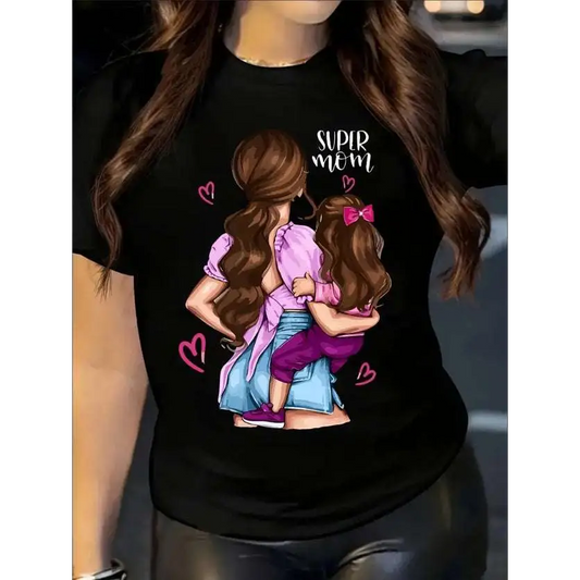 Super Mom Figure Print Crew Neck T-Shirt