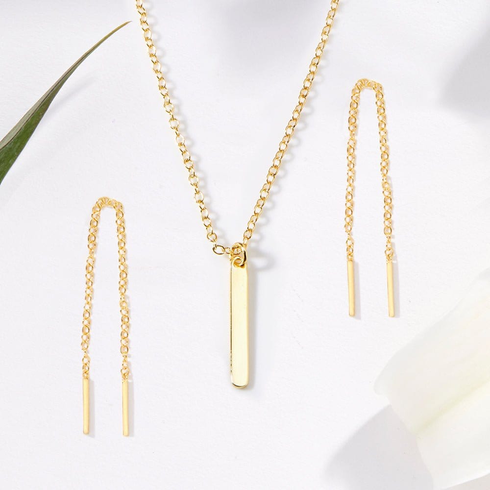 Sympathy Gold Bar Earring Threader and Necklace Jewelry Set