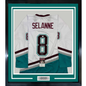 Framed Autographed/Signed Teemu Selanne Finnish Flash 35x39 Anaheim White Retro Hockey Jersey JSA COA