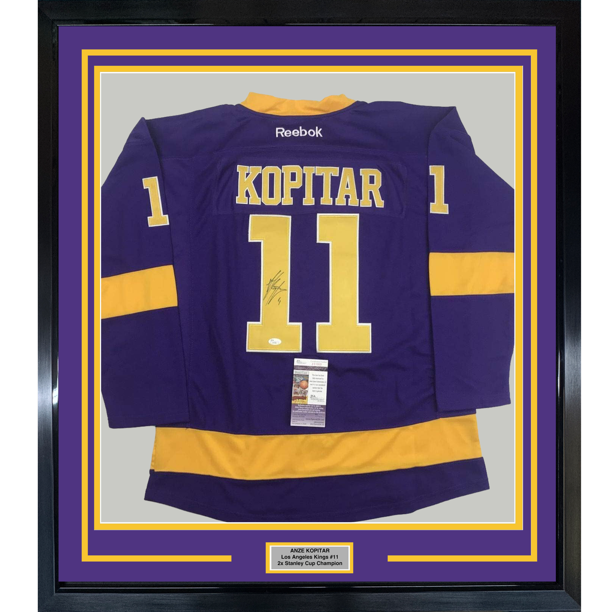 Framed Autographed/Signed Anze Kopitar 35x39 Los Angeles LA Retro Purple Hockey Jersey JSA COA