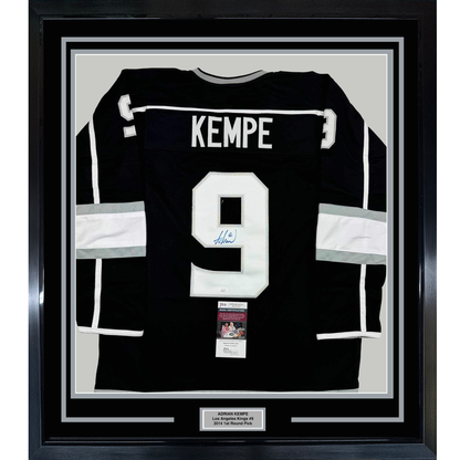 Framed Autographed/Signed Adrian Kempe 35x39 Los Angeles LA Black Hockey Jersey JSA COA