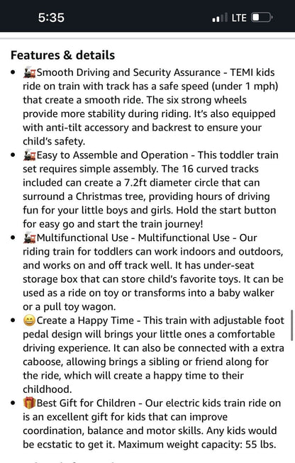 TEMI Ride On Train Set: All-in-One Track and Train Experience