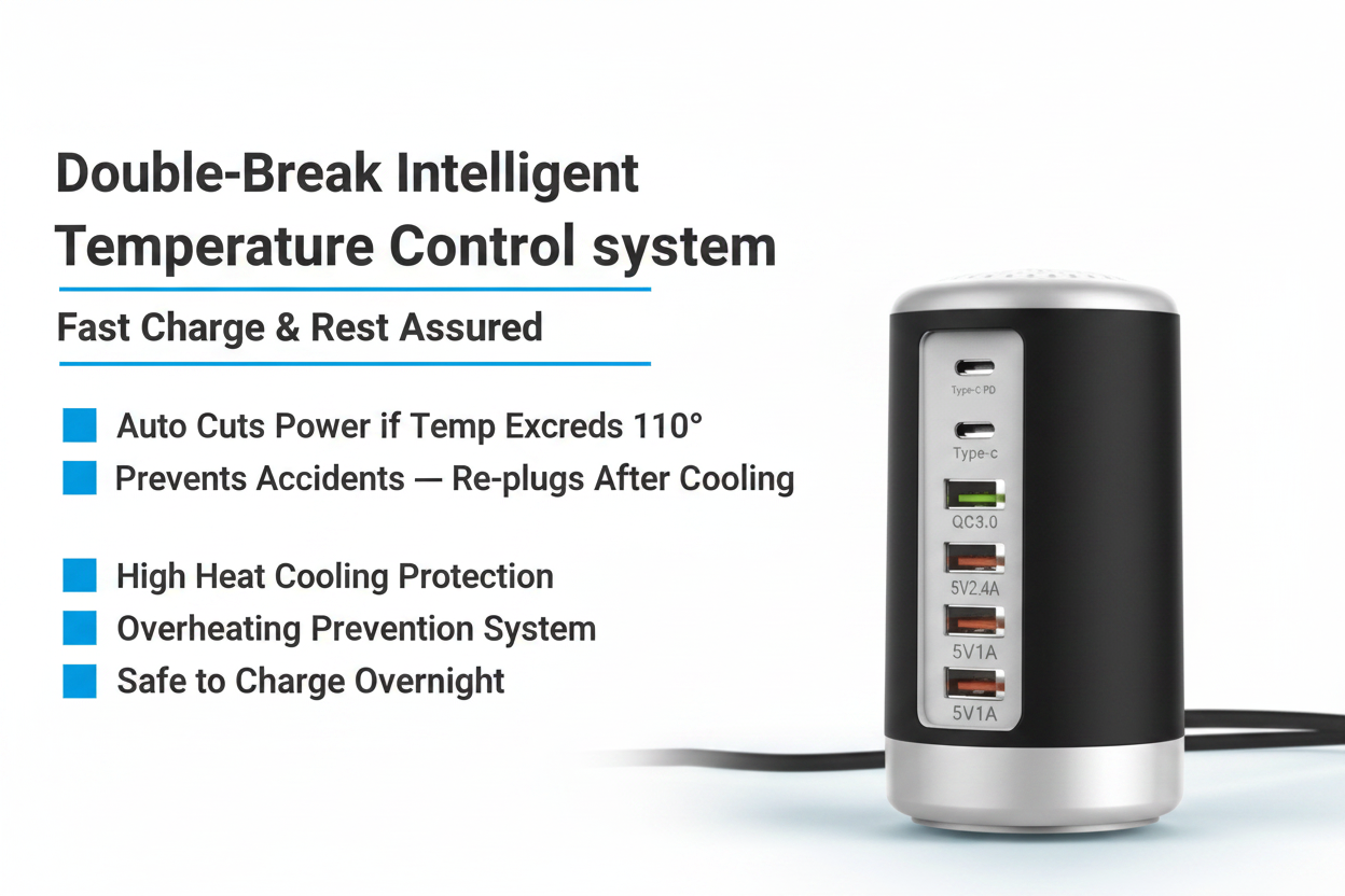 6-Port Cylindrical Fast Charger Hub | 65W USB-C PD & QC3.0 Multi-Device Desktop Charging Station – White