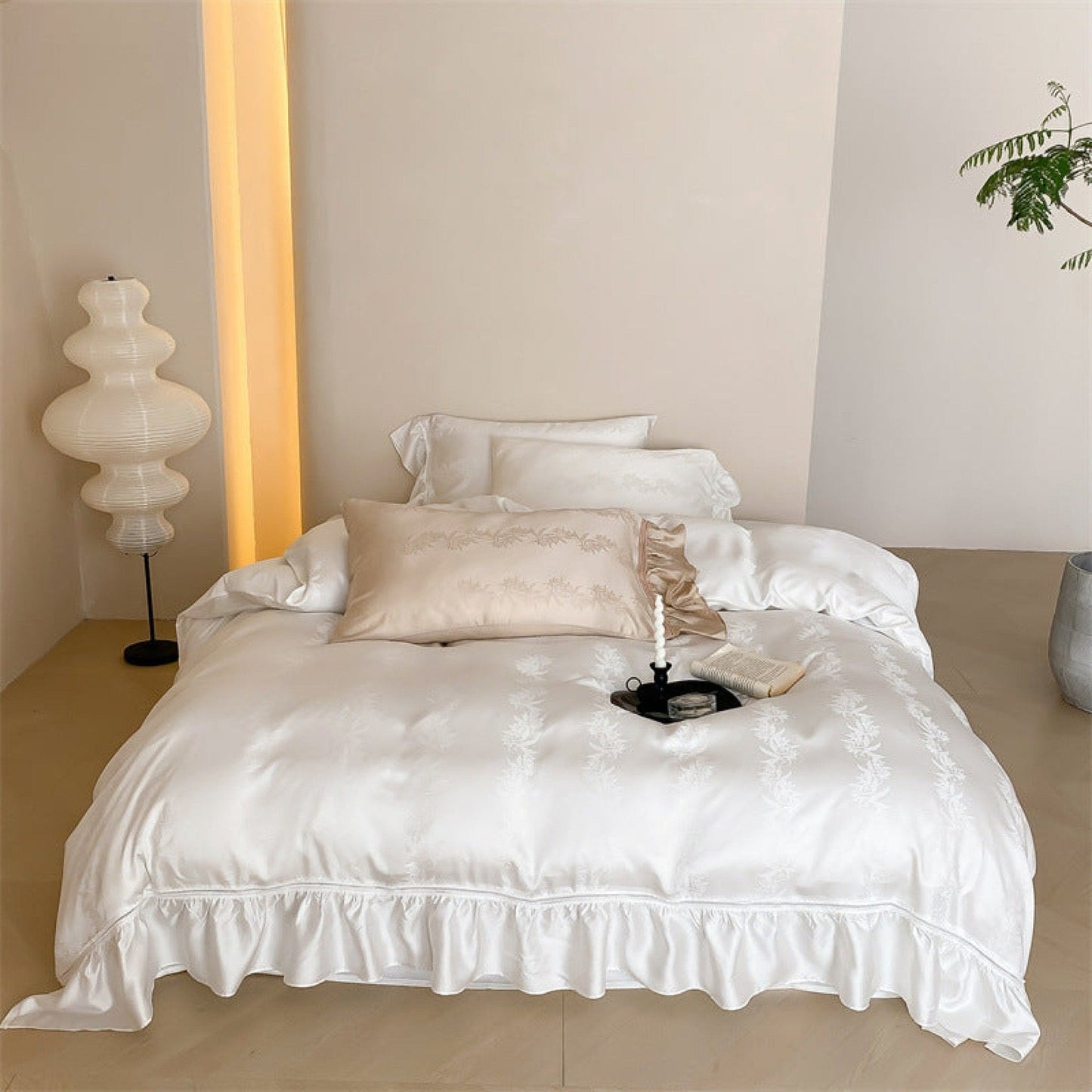 Tencel Silky Floral Ruffle Bedding Set / Snow White