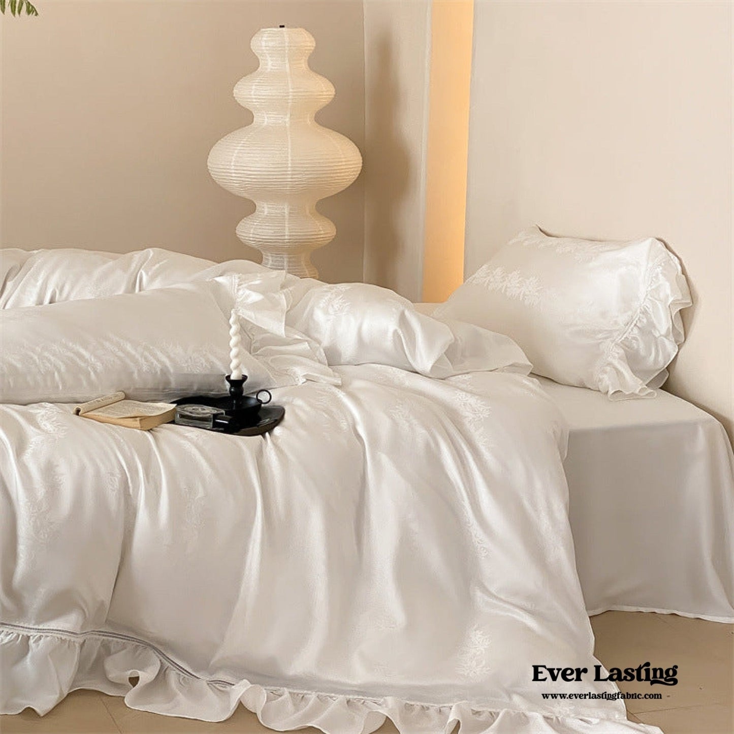 Tencel Silky Floral Ruffle Bedding Set / Snow White