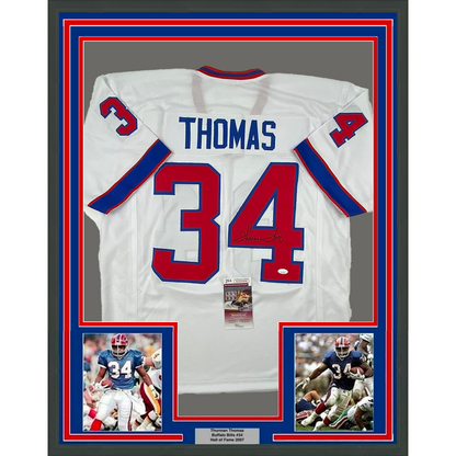 Framed Autographed/Signed Thurman Thomas 35x39 Buffalo White Alternate Football Jersey JSA COA